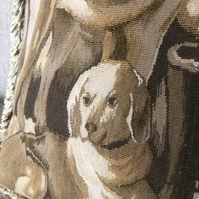 Vintage Wool Tapestry Pillow Featuring Dogs at Rest With Fringe For Sale - Image 10 of 13