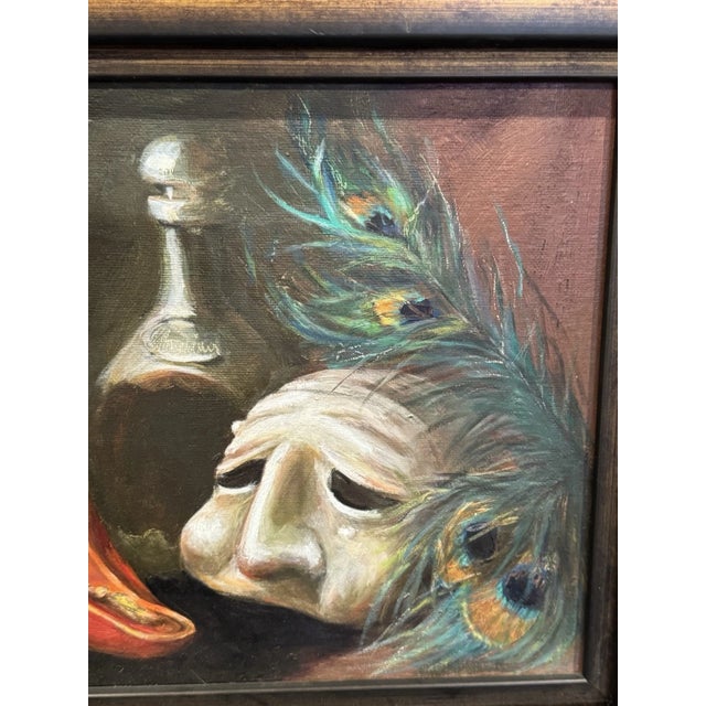1990s Still Life Oil Painting of Masque/Hat by Cal. Artist Kathi Colman For Sale - Image 4 of 5