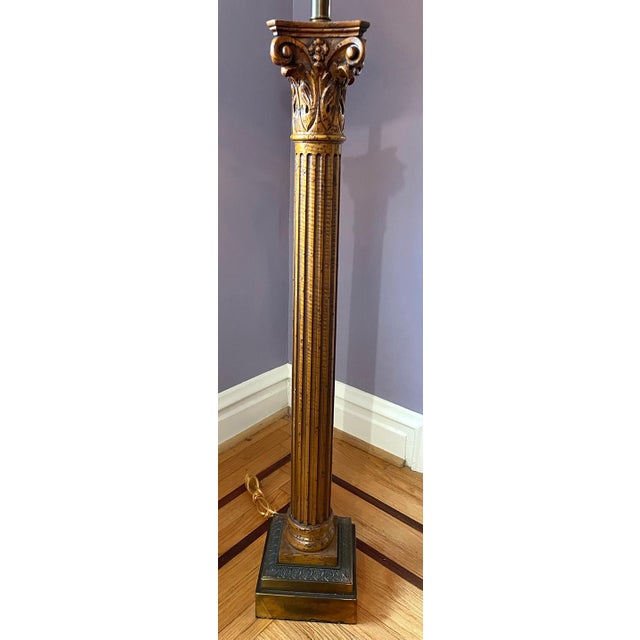 Traditional Maitland Smith Attributed Wood and Brass Floor Lamp With Linen Shade For Sale - Image 3 of 7