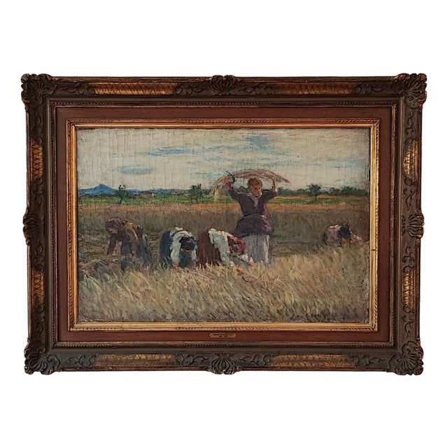 Clemente Pugliese-Levi, Women with Hay, Oil on Canvas, 1920s, Framed For Sale