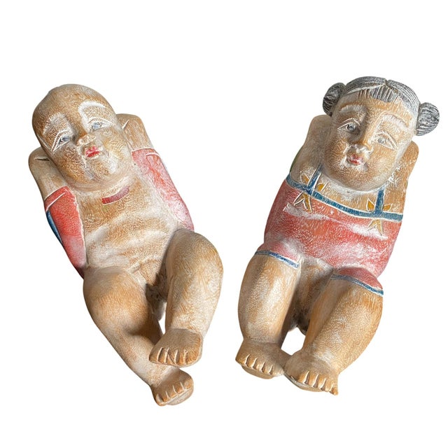Antique Chinese Wood Carved Karako Boy Girl Reclining Melon Child Buddha Sculpture For Sale In New York - Image 6 of 8