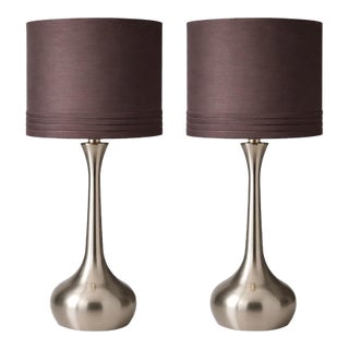 Pair of Contemporary Brushed Nickel Table Lamps With Original Chocolate Brown Drum Shades – 23” For Sale