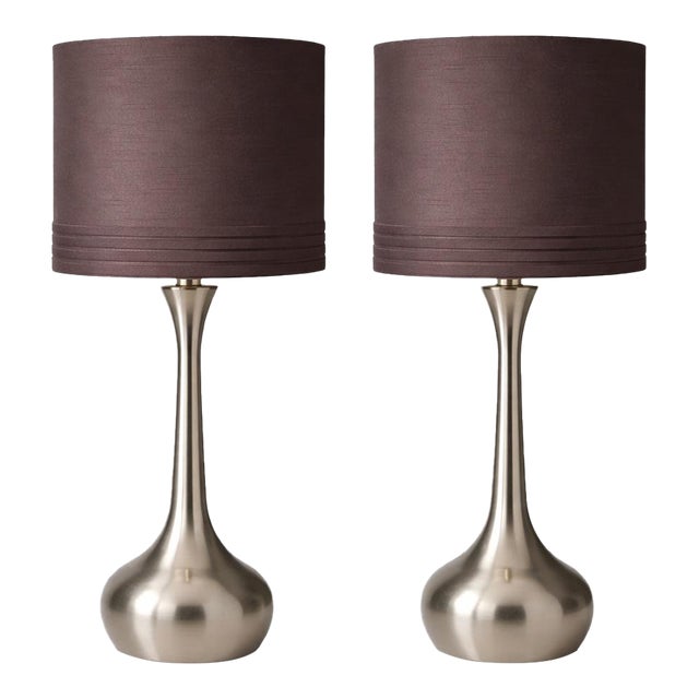 Pair of Contemporary Brushed Nickel Table Lamps With Original Chocolate Brown Drum Shades – 23” For Sale