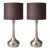 Pair of Contemporary Brushed Nickel Table Lamps With Original Chocolate Brown Drum Shades – 23” For Sale