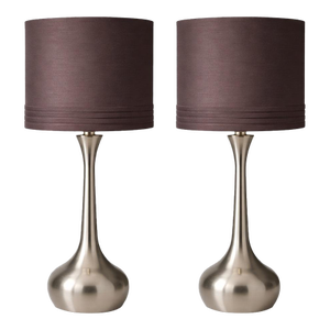 Pair of Contemporary Brushed Nickel Table Lamps With Original Chocolate Brown Drum Shades – 23”
