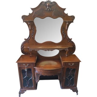 Hand Carved Mahogany Vanity & Beveled Mirror For Sale