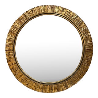 French Brutalist Golden Round Mirror Post-Modern For Sale