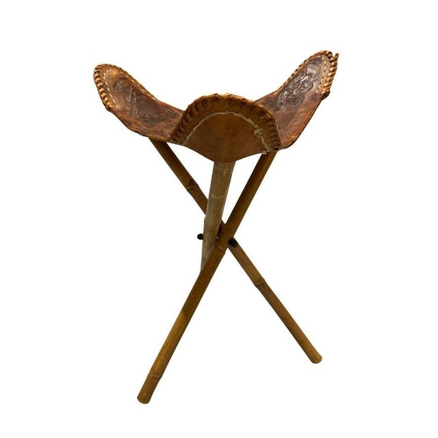 Rustic Vintage 1960s Mexican Brown Leather Tripod Folding Stool For Sale - Image 3 of 8