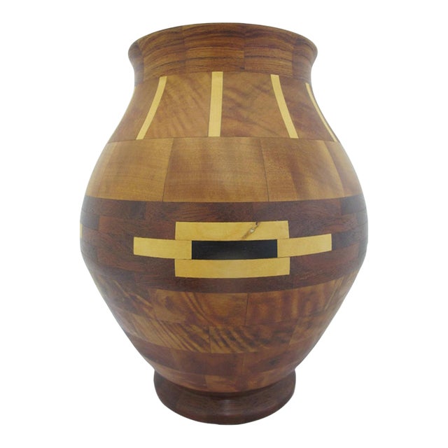 Pacific Nw Hand Turned Segmented Southwest Geometric Inlaid Wood Vase For Sale