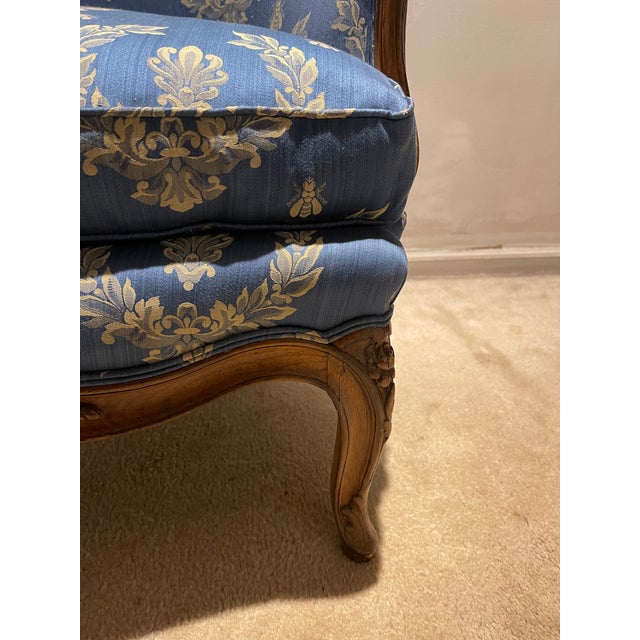 Antique French Petite Bergere Covered in Neoclassical Design Fabric For Sale In Philadelphia - Image 6 of 11