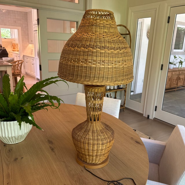 Monumental Vintage Wicker Table Lamp With Matching Dome Shaped Shade For Sale In New York - Image 6 of 11
