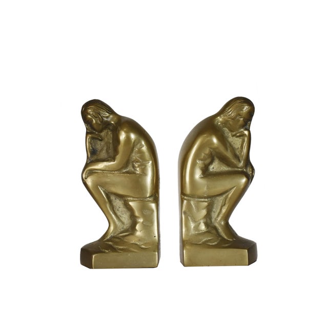 Figurative Vintage Solid Brass Sitting Thinking Man Bookends - a Pair For Sale - Image 3 of 5