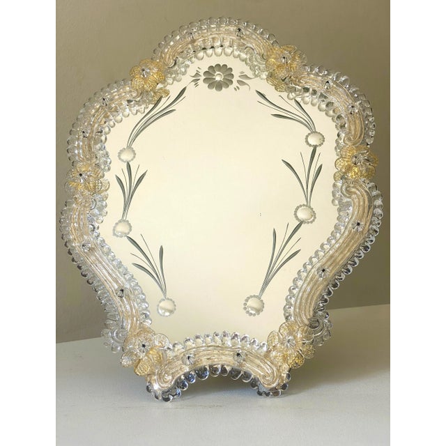 2020s Contemporary Venetian Table Mirror Frame With Trasparents and Gold-Leaf Flowers With Engraving Decorations For Sale - Image 5 of 13