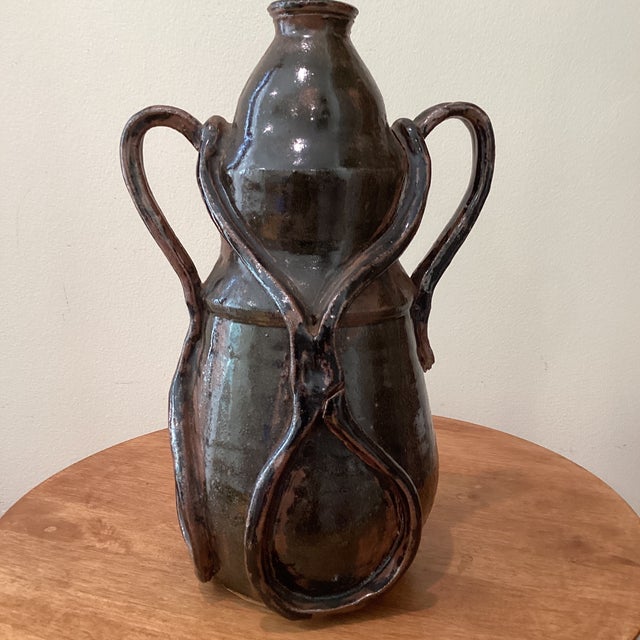 Vintage Art Nouveau Curved Shape Earthenware Double Handle Vase With Makes Mark For Sale - Image 4 of 12