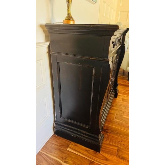 Ambella Home Collection - Castilitan Line- Sideboard/Buffet. 2 Doors, 2 drawers, ornate dark wood, distressed black....