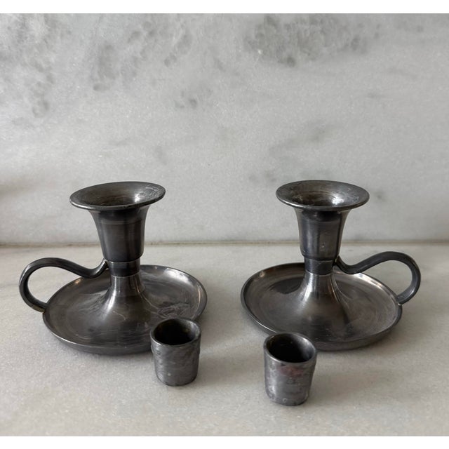 Mid 20th Century Pair of Vintage Pewter Chamberstick Candle Holders For Sale - Image 5 of 9