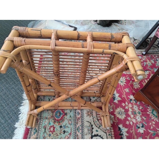 Wood 1950s Chippendale Rattan Wing Chair and Ottoman For Sale - Image 7 of 13