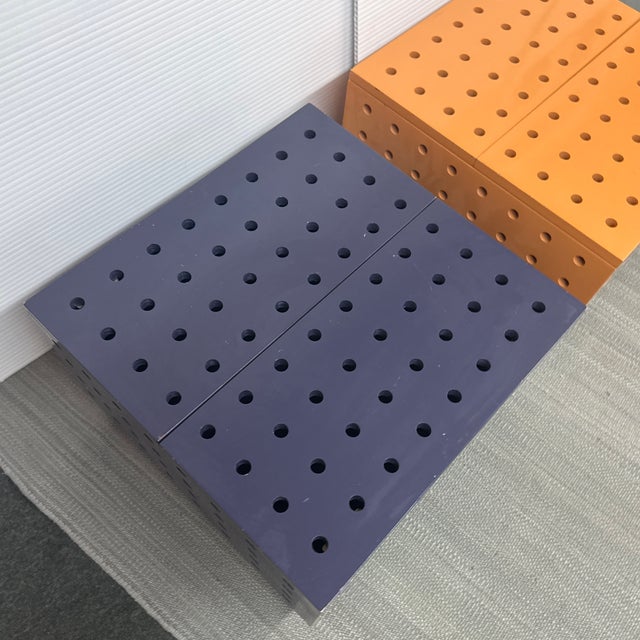 Purple + Orange Peg Board Storage Tables on Casters, Set of Two For Sale - Image 11 of 12