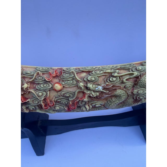 Sculpture Materials Vintage Mid-Century Chinoiserie Faux Ivory Carved Resin Dragon Tusk 23” Long Statement Piece For Sale - Image 7 of 12