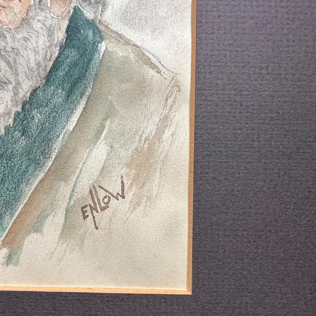 Vintage Expressionist portrait painting of an elderly man, signed “Enlow,” rendered in a delicate mixed media technique...