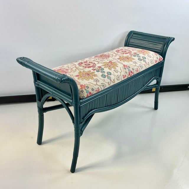 Mid-Century Boho Chic Coastal Bamboo Bench - Newly Upholstered Ikat Linen For Sale - Image 12 of 18