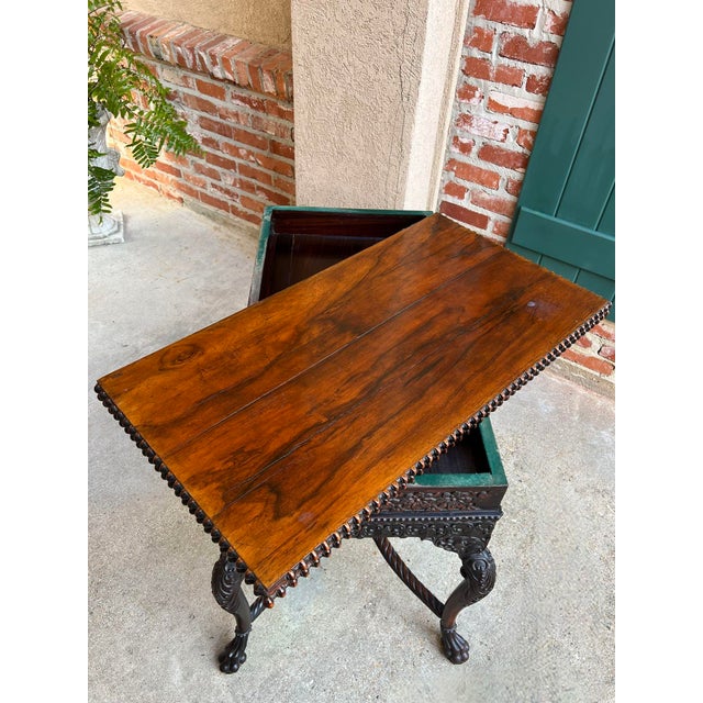 Wood Antique Foyer Hall Table British Colonial Carved Wood Leather Flip Top Burmese For Sale - Image 7 of 12