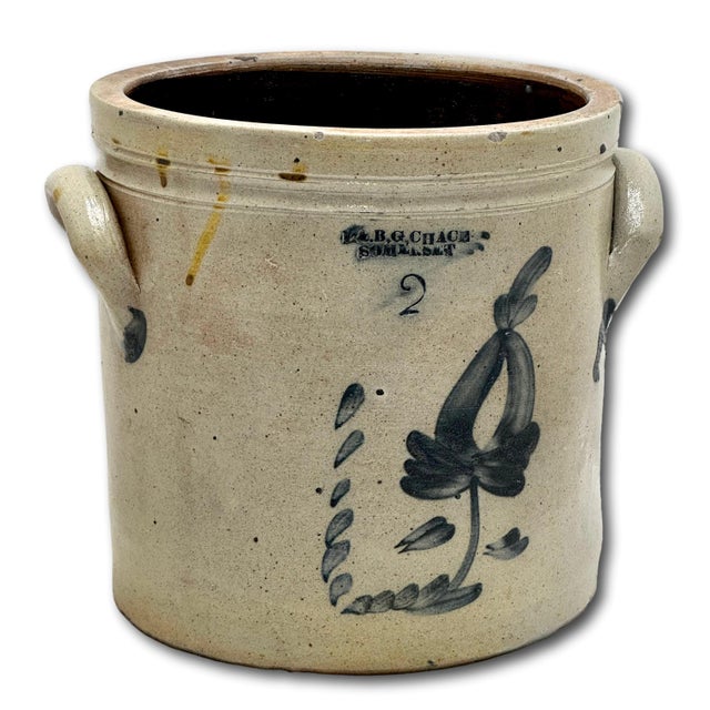 American Nice Antique 1850s 2 Gallon American Blue Hand Decorated Stoneware Crock by L & B G Chace in Somerset Mass. For Sale - Image 3 of 12