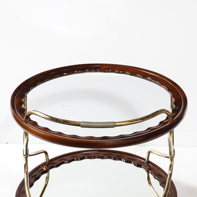 Brass Mid-Century Modernist Two-Tier Walnut, Polished Brass & Glass Serving Cart For Sale - Image 8 of 12