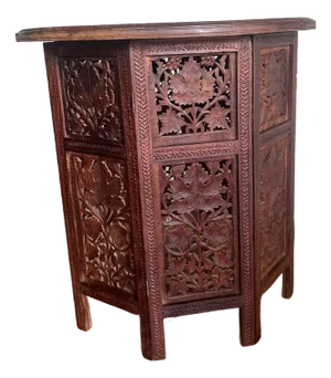 1920s Moorish or Anglo Indian Teak Carved Side Table With Open Fretwork