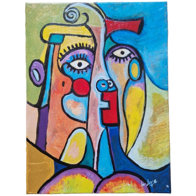 Oil on canvas depicting a stylized portrait composed of abstracted facial elements and bold outlines. The composition uses...