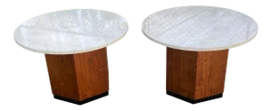 Italian Round Travertine Top Hexagon Wood Base Side Tables - a Pair