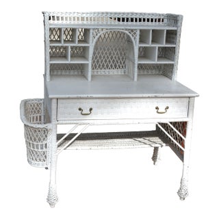 Vintage White Wicker Writing Desk W/ Drawer / Side Basket & Cubbies / Shelves For Sale