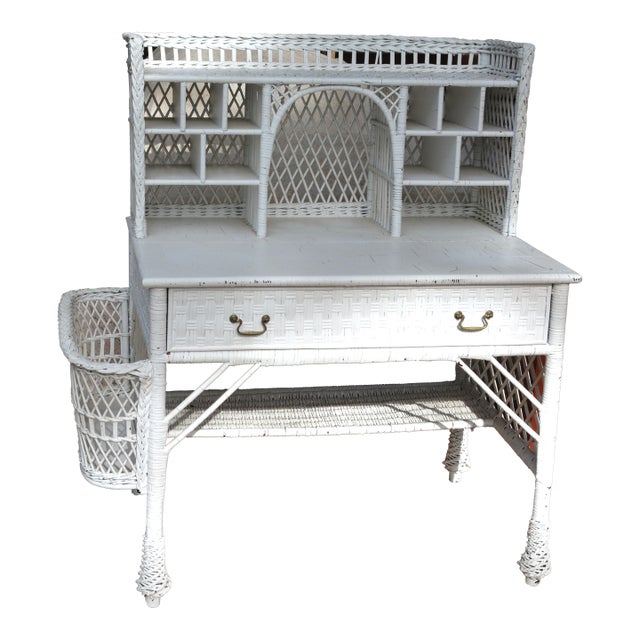 Vintage White Wicker Writing Desk W/ Drawer / Side Basket & Cubbies / Shelves For Sale
