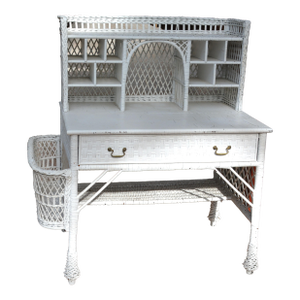Vintage White Wicker Writing Desk W/ Drawer / Side Basket & Cubbies / Shelves