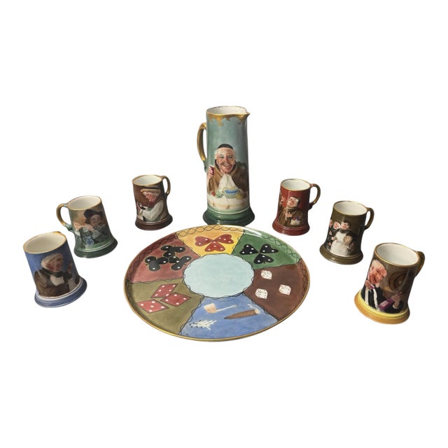 Antique JPL Limoges France Hand Painted Tankard Mug Charger Set Signed Hah - 8 pcs For Sale