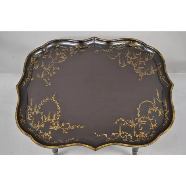 Chinoiserie Chinoiserie Faux Bamboo Brown Lacquer Scallop Tray Top Coffee Cocktail Table For Sale - Image 3 of 10