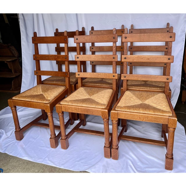 Vintage 1950s French Oak Ladder-Back Rush Seat Chairs - Set of 6 For Sale - Image 9 of 16