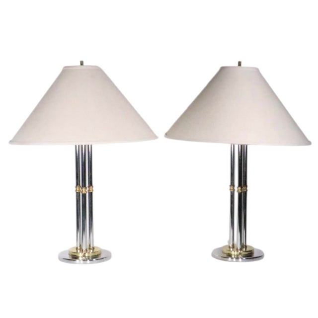 Metal Late 20th Century Hollywood Regency Chrome and Brass Table Lamps - a Pair For Sale - Image 7 of 12