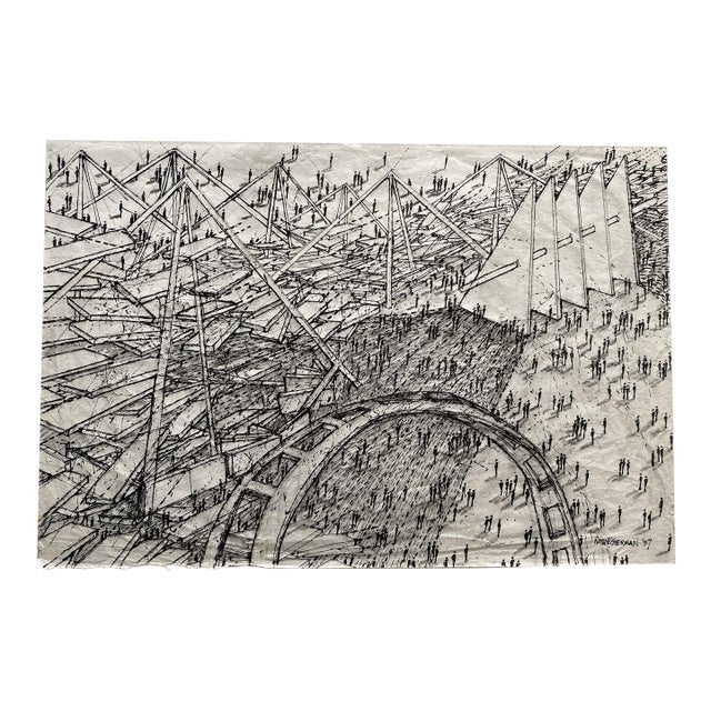 Ruth Esserman Signed Geometric Drawing — Black & White, 12×18 on 16×20 Matboard For Sale