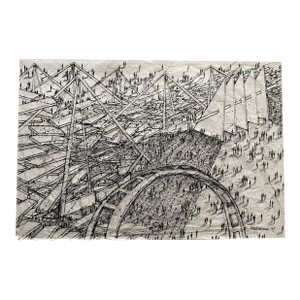 Ruth Esserman Signed Geometric Drawing — Black & White, 12×18 on 16×20 Matboard