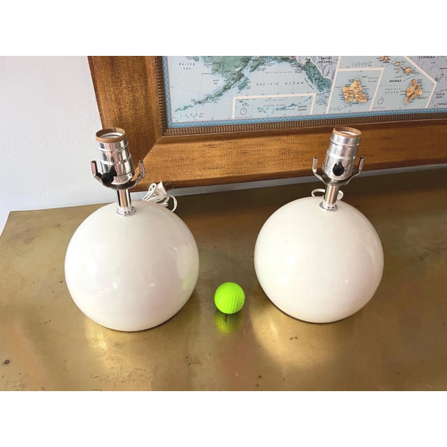 1960s Lightolier White Ball Lamps & Shades - a Pair For Sale - Image 9 of 17