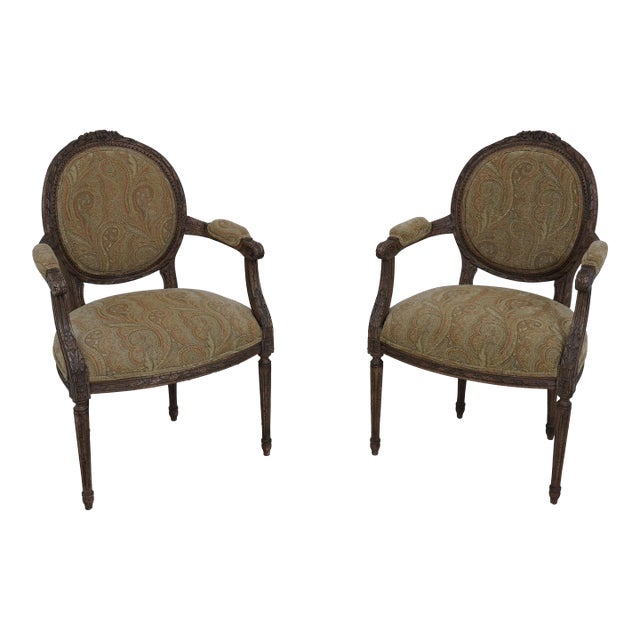 Pair French Louis XVI Upholstered Armchairs For Sale