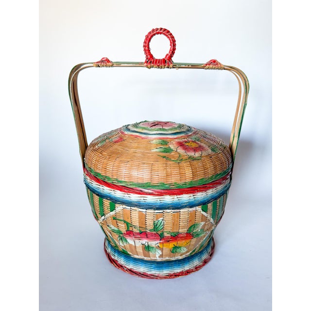 Vintage Folk Art Chinese Wedding Basket, Hand Painted For Sale - Image 9 of 12