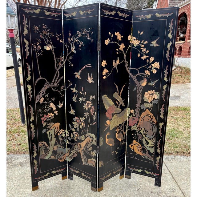 Exquisite Chinese Export Four Panel Coromandel Screen With Birds in Landscape For Sale - Image 15 of 15