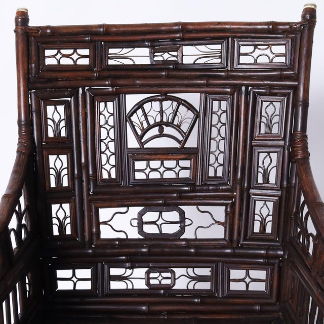 Brown Chinese Export Bamboo and Rattan Pair of Chairs and Stand For Sale - Image 8 of 15
