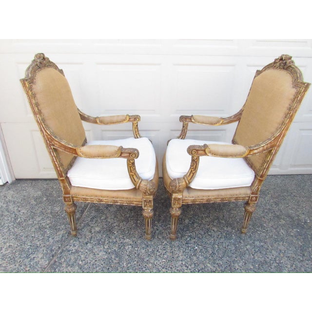 French Pair of Antique French Louis XVI Style Giltwood Armchairs For Sale - Image 3 of 18
