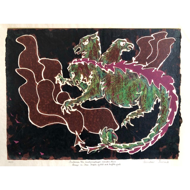 Vintage Vibrant Mod Mythological Dragon Psychedelic Woodblock Woodcut Print, c.1960-1970s For Sale