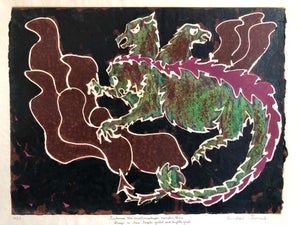 Vintage Vibrant Mod Mythological Dragon Psychedelic Woodblock Woodcut Print, c.1960-1970s