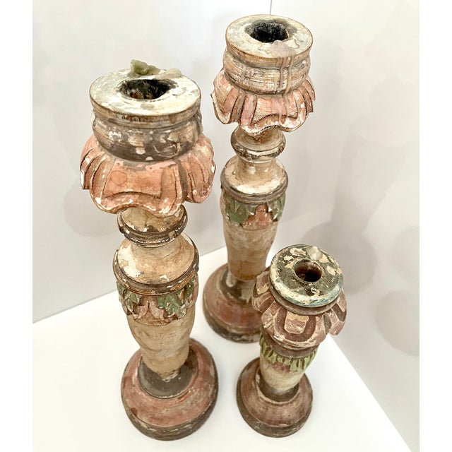 Shabby Chic Romantic Trio - Distressed Painted Wooden Candleholders For Sale - Image 3 of 10
