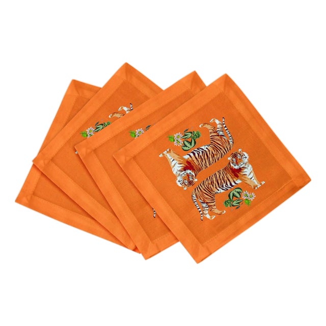 Tiger Seeing Double Cotton Sateen Cocktail Napkins, Set of 4 For Sale
